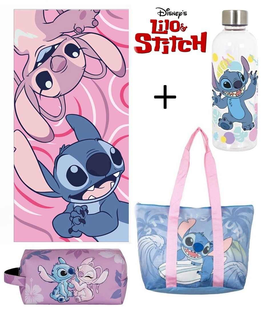 Pack OFERTA Toalla rosa + Botella + Neceser adaptable + Bolso de Playa Stitch