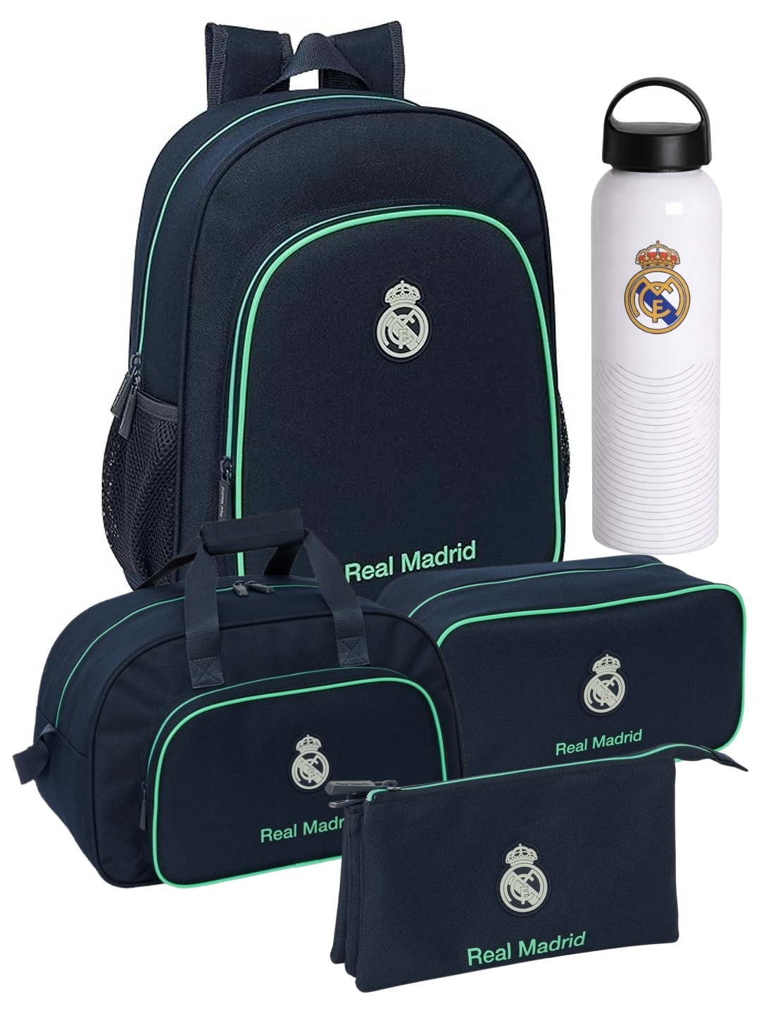 Pack OFERTA Mochila 38 cm + Bolsa de Deporte + Portatodo + Zapatillero + Botella Real Madrid 2ª Equipacion 25/26