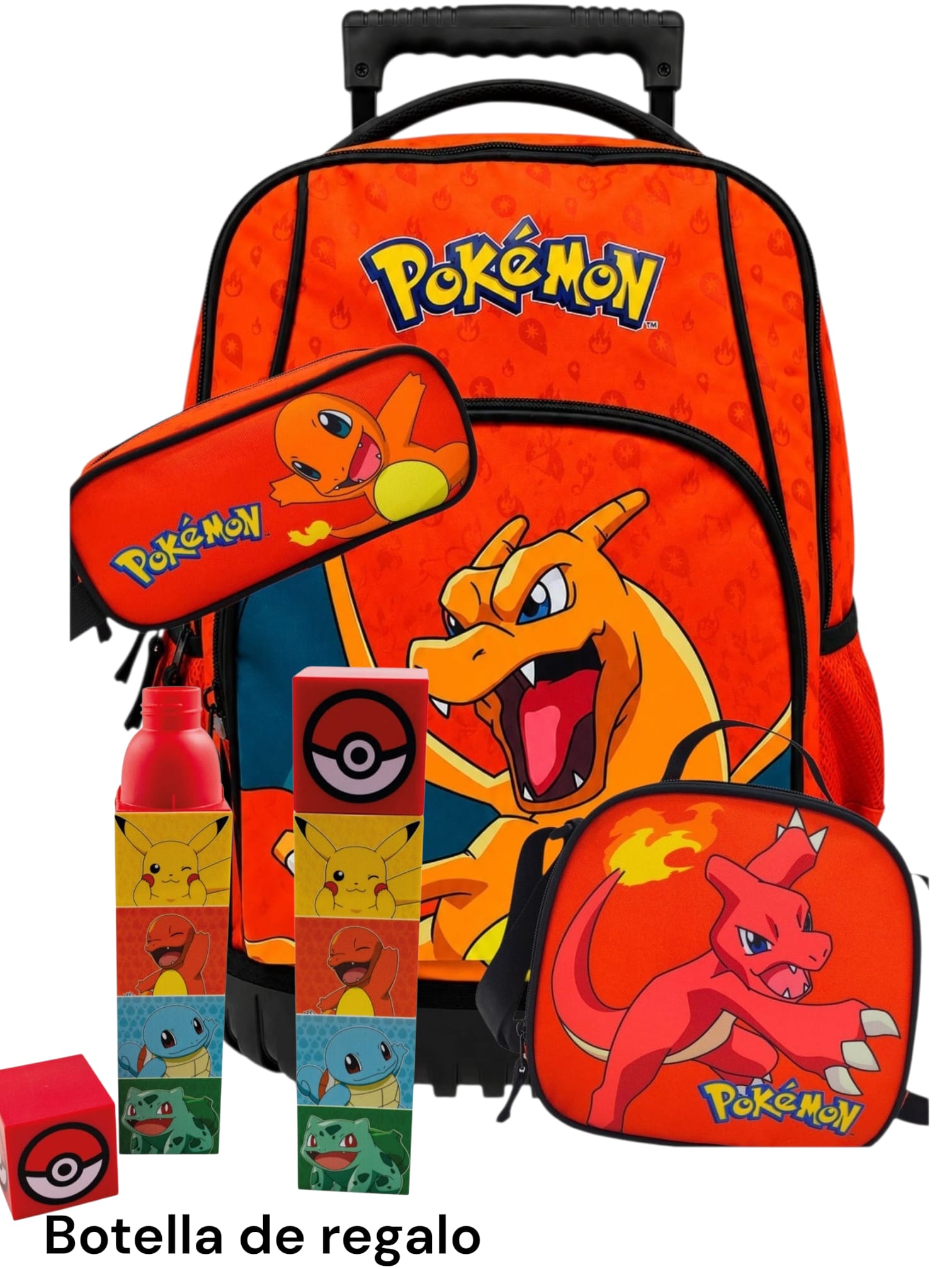 Pack OFERTA Trolley Mochila+ Portatodo + Portamerienda + botella Charmander Pokemon