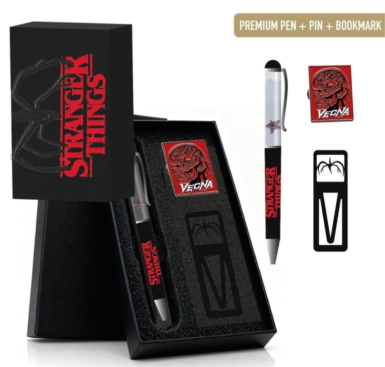 Set regalo boligrafo + pin y marcapaginas Vecna Stranger Things